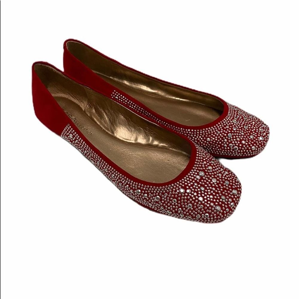 BCBGeneration Alexy Rhinestone Embellished Square Toe Flats Red Silver 6.5‎